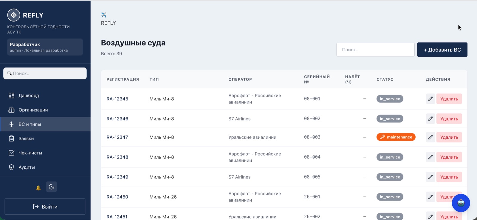 Реестр воздушных судов REFLY: регистрация, тип, оператор, налёт и статус по каждому борту