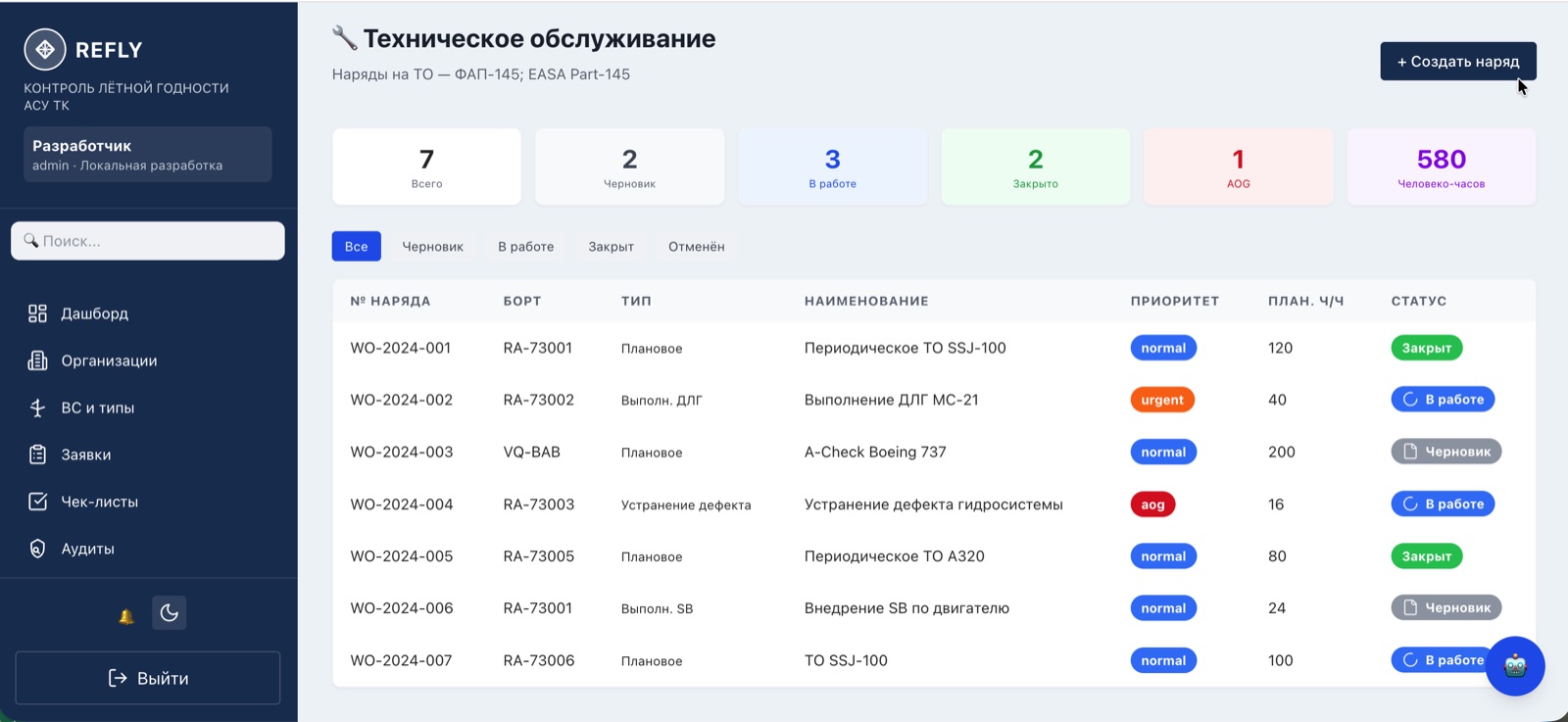 Экран технического обслуживания REFLY: наряды на ТО с типом работ, приоритетом, плановыми человеко-часами и статусом