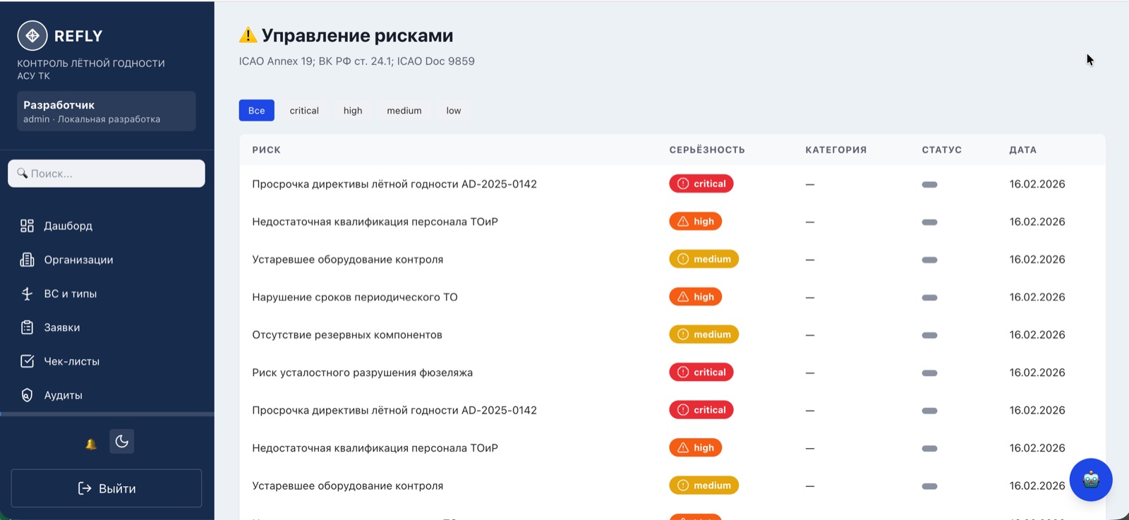 Экран управления рисками REFLY: реестр рисков лётной годности с серьёзностью, категорией и статусом по ICAO Annex 19